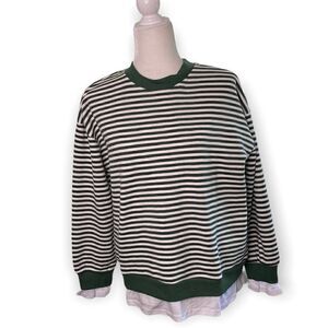 CALI BE Nordstrom Pullover Sweater Green White Stripe Peekaboo Hem SZ S NWT